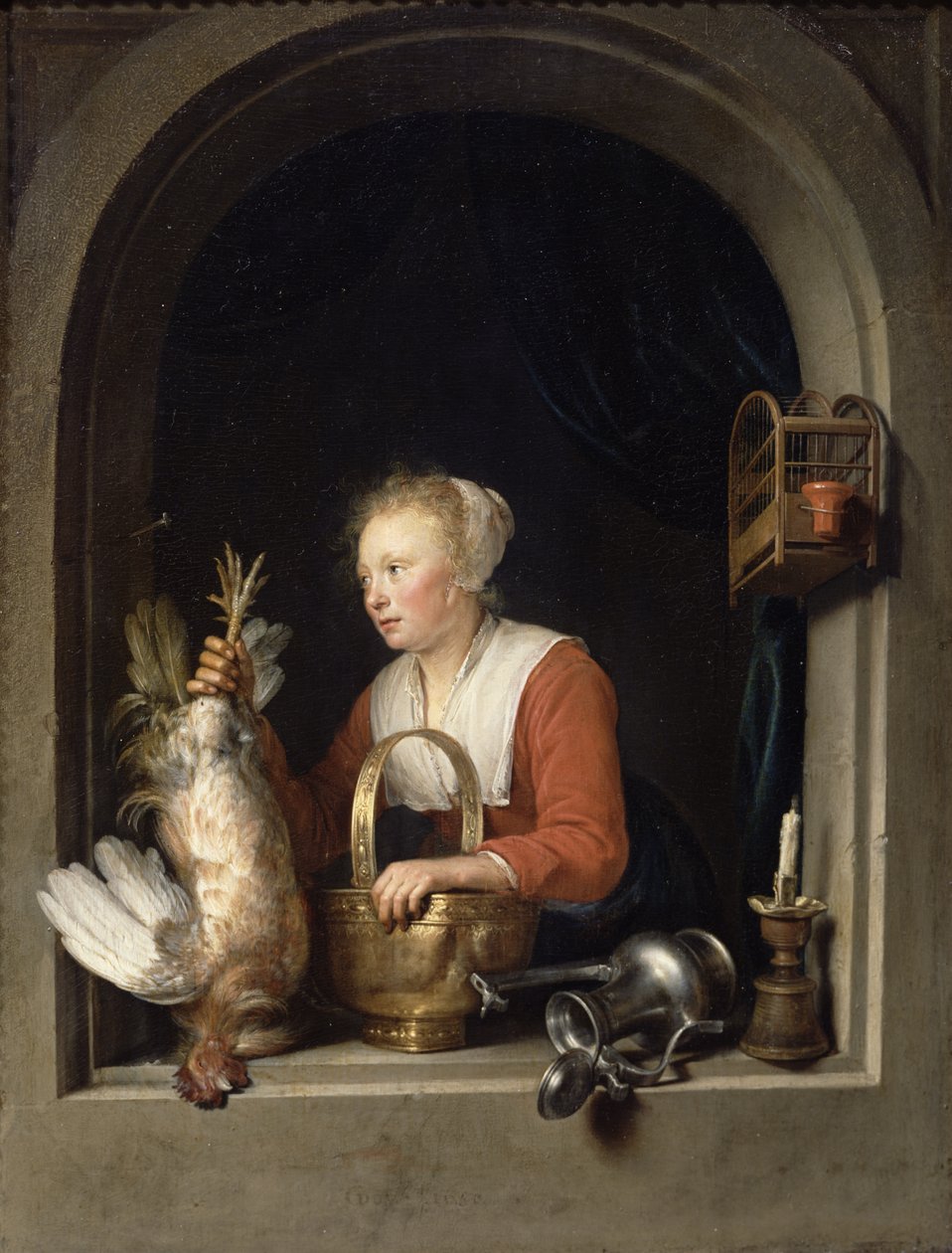 Den hollandske husmor eller kvinden, der hænger en hane i vinduet, 1650 swed av Gerrit Dou