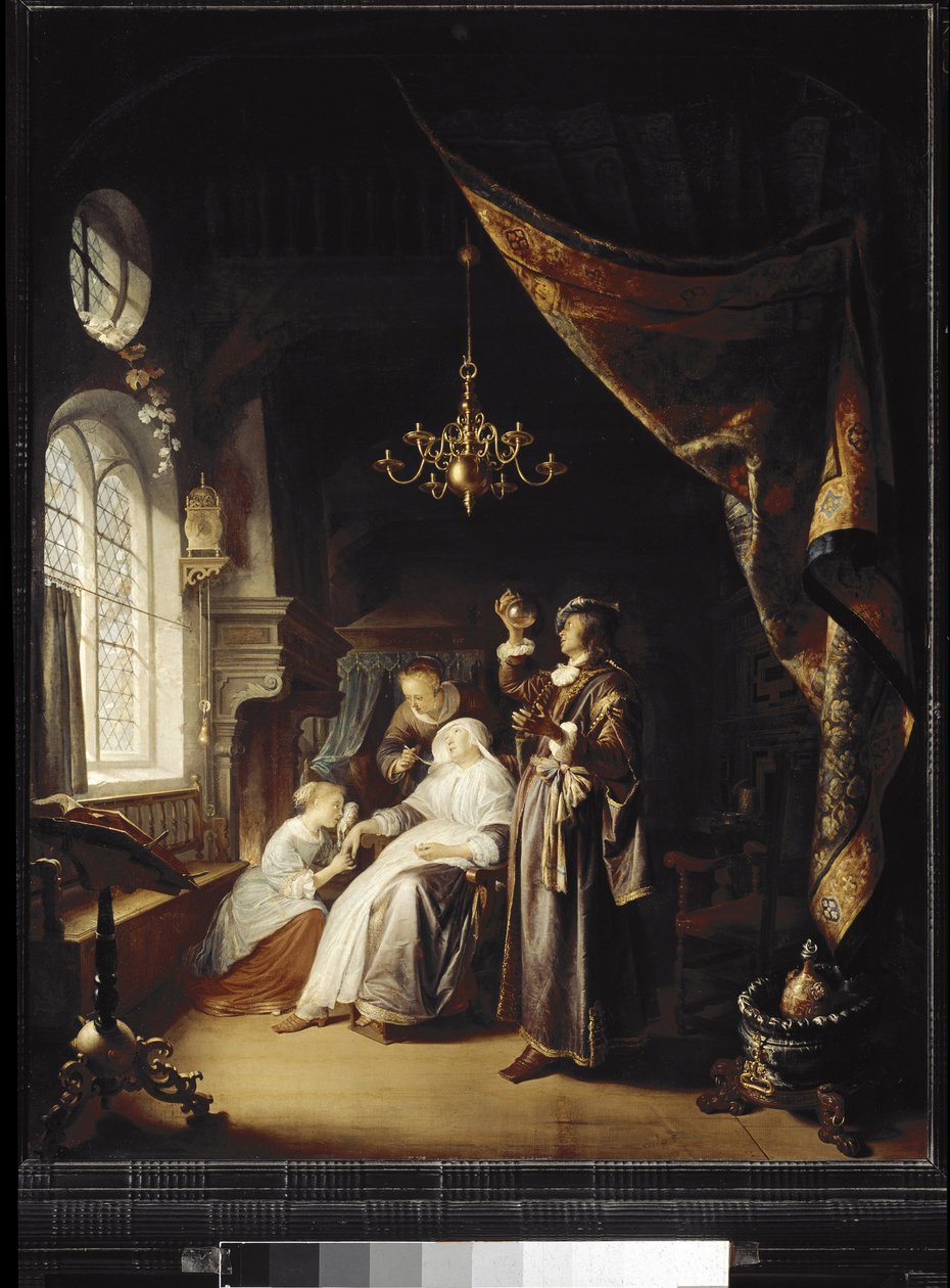 Den hydropiska kvinnan (olja på trä av Gerrit Dou
