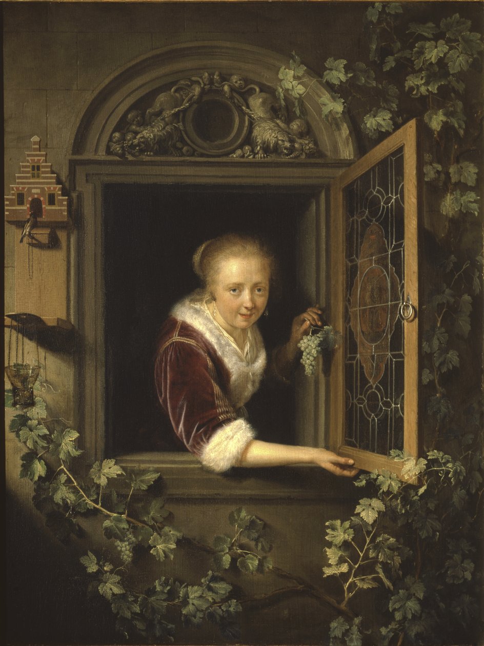 Ung kvinna vid fönstret med en klase druvor, 1622 av Gerrit Dou