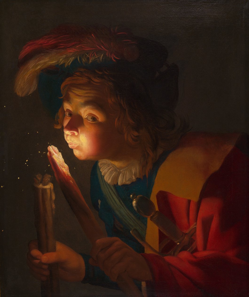En pojke som blåser på en brand av Gerrit van Honthorst