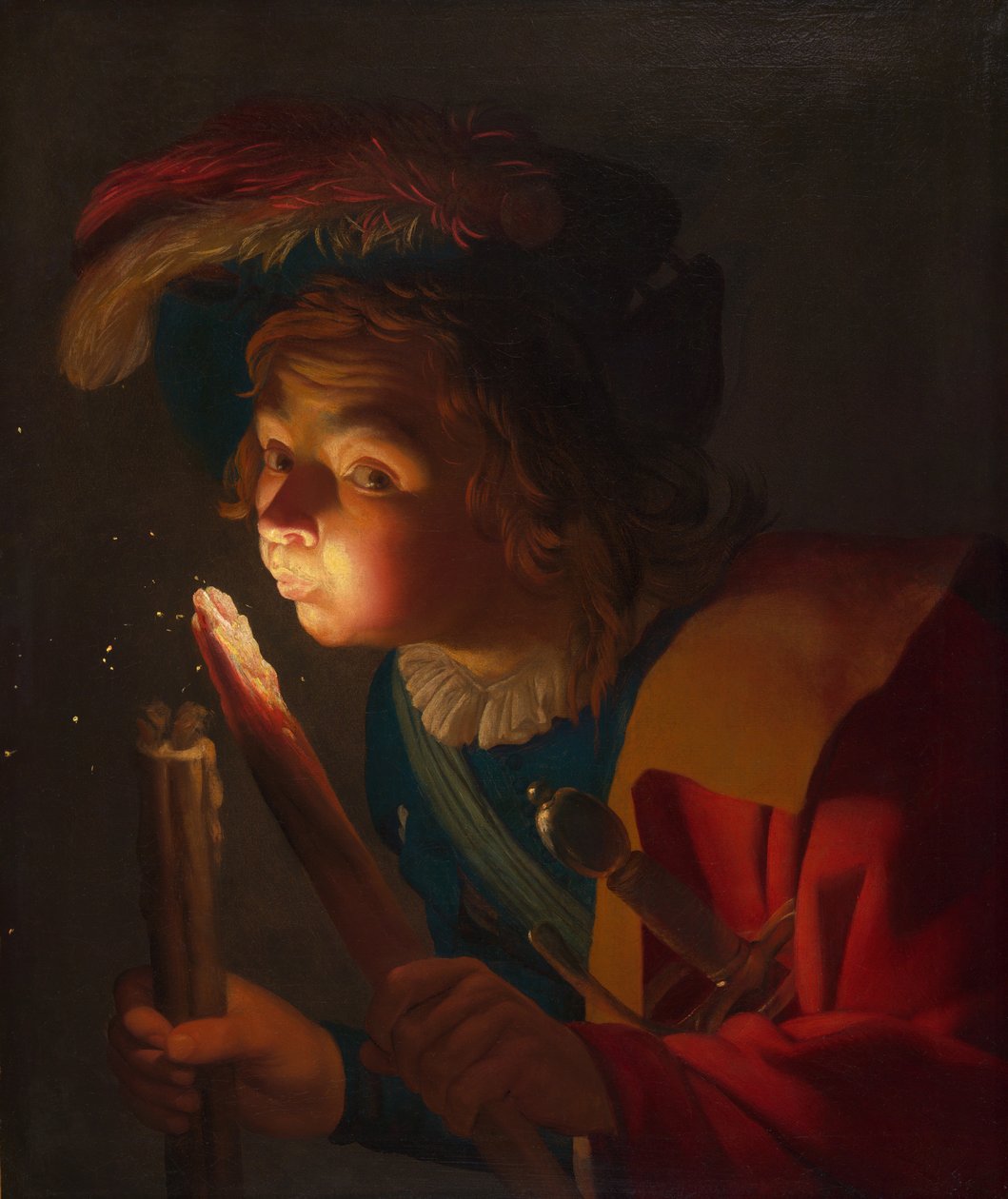 En pojke som blåser på en brand, 162122. av Gerrit van Honthorst