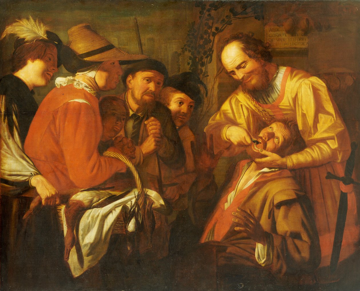 En kvacksalvare tandläkare drar ut en tand, medan en grupp åskådare tittar i närheten av Gerrit van Honthorst