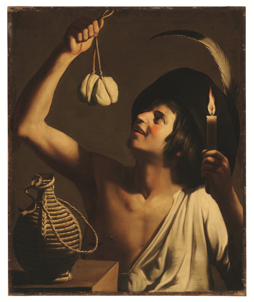 En ung man med ett brinnande ljus och en scamorza-ost i handen, bredvid honom en fiascoflaska (olja på duk) av Gerrit van Honthorst