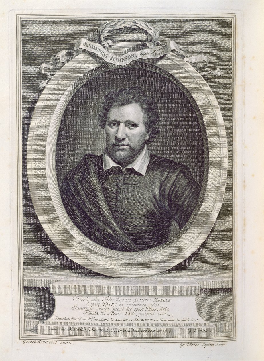 Ben Jonson (1573-1637), graverad av George Vertue (1684-1756), 1730 av Gerrit van Honthorst