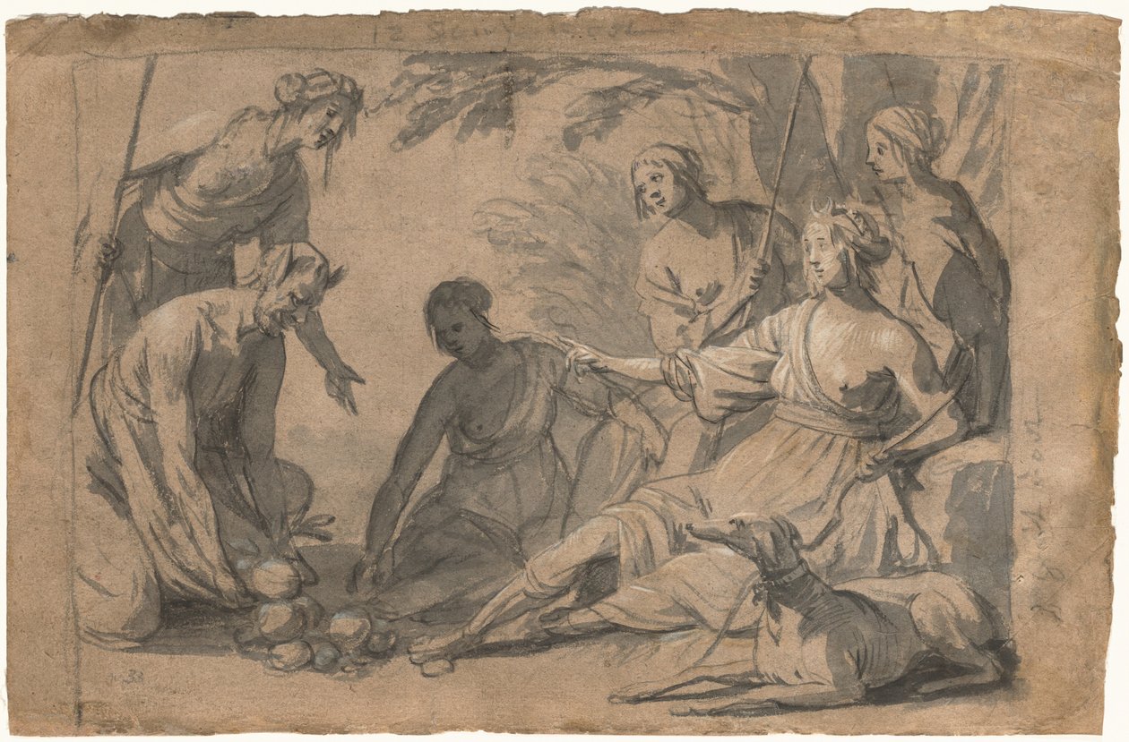 Diana och fyra nymfer tar emot gåvor från en satyr av Gerrit van Honthorst