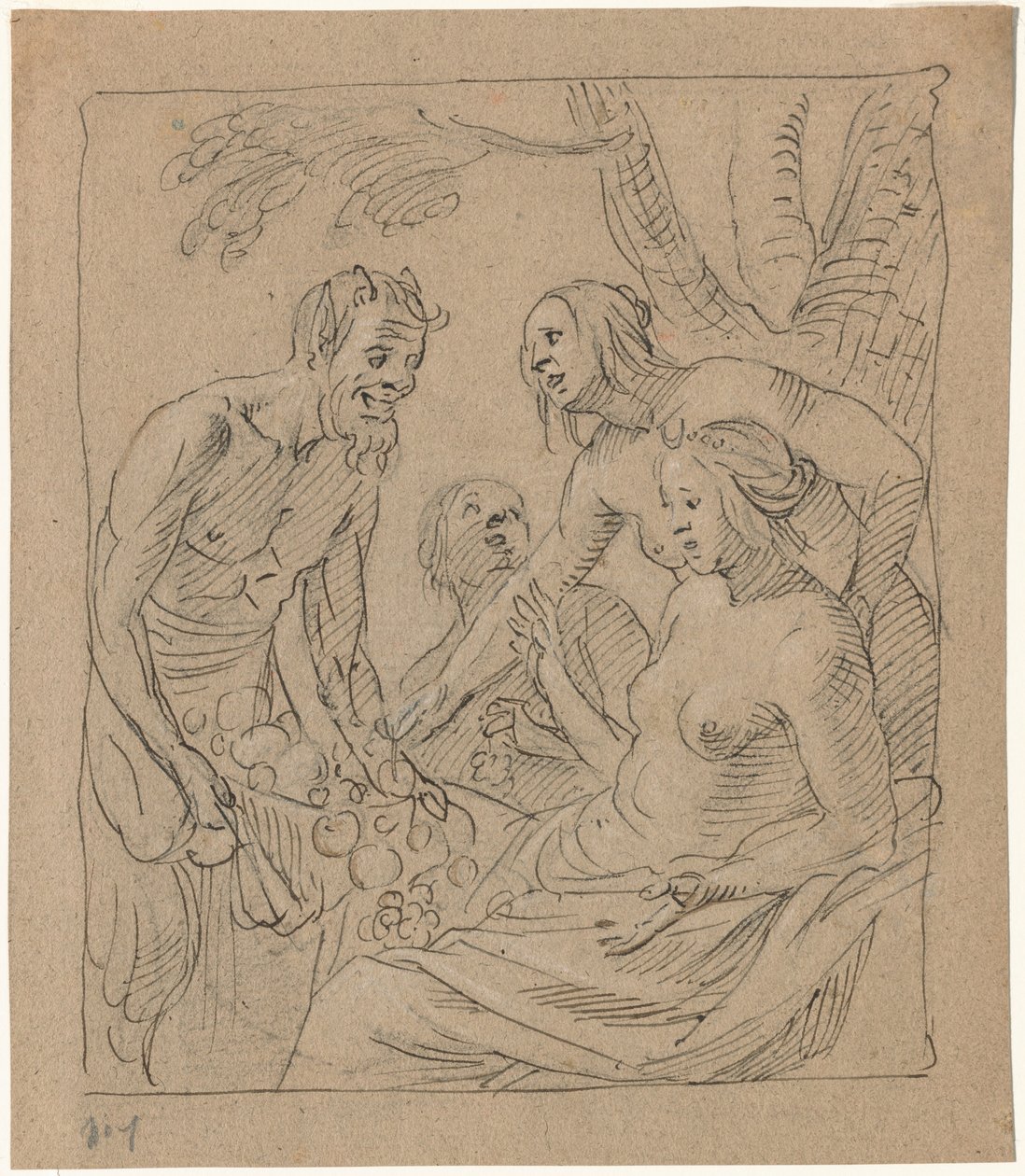 Diana och två nymfer tar emot gåvor från en satyr (recto) av Gerrit van Honthorst
