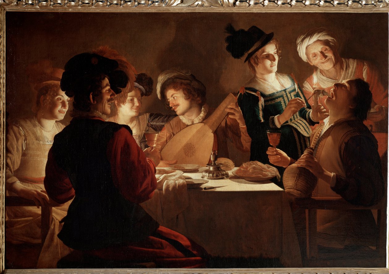 Middag med en lutspelare. (Målning av Gerrit van Honthorst
