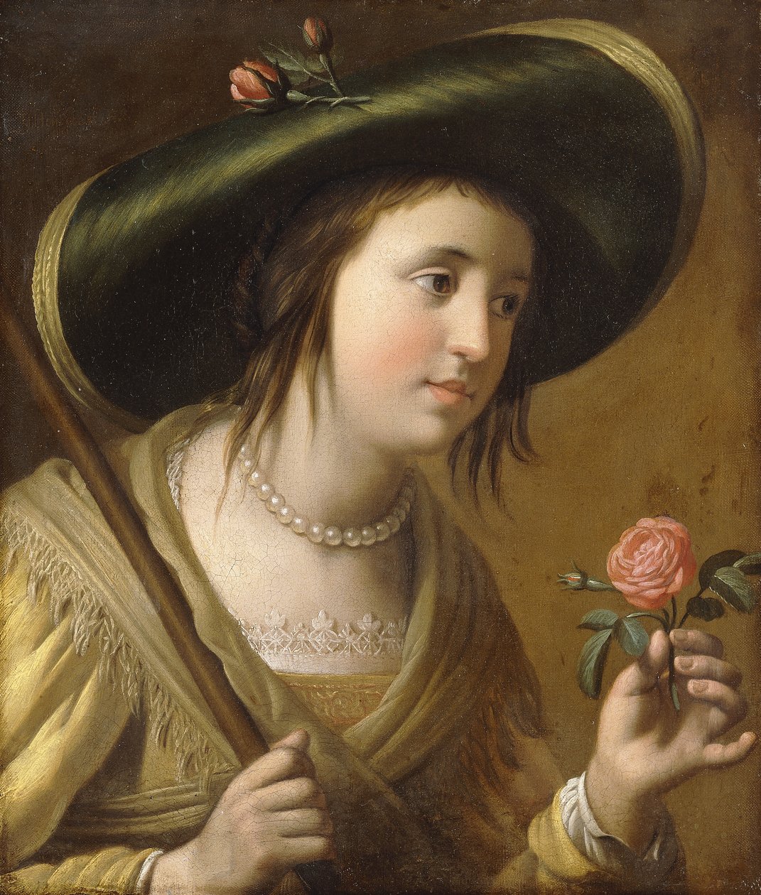 Porträtt av prinsessan Elizabeth II van de Palts som en herdinna, bystlängd, med en ros, av Gerrit van Honthorst
