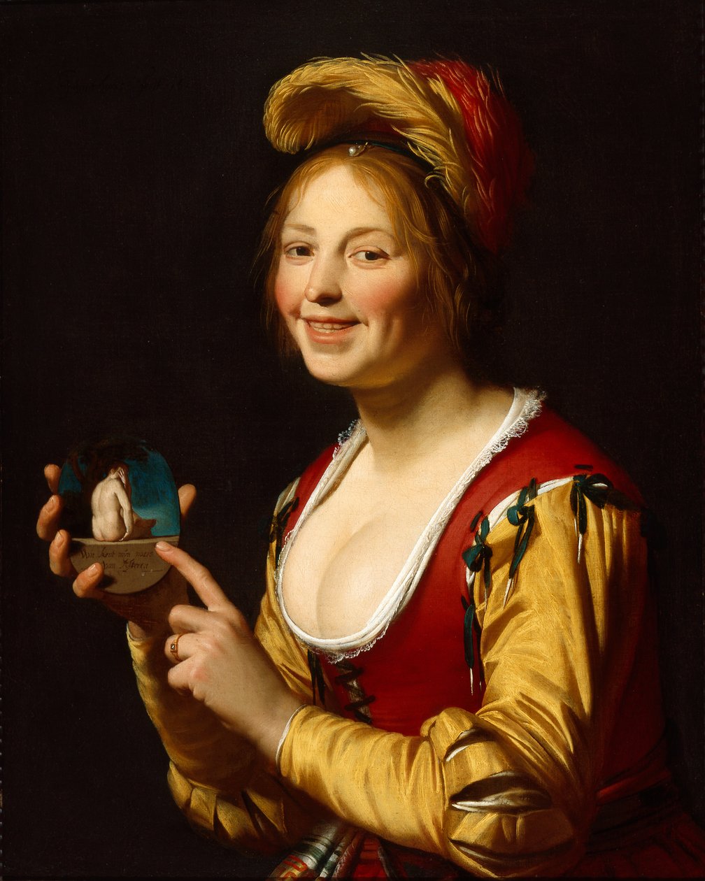 Leende flicka, en kurtisan, som håller en obscen bild av Gerrit van Honthorst