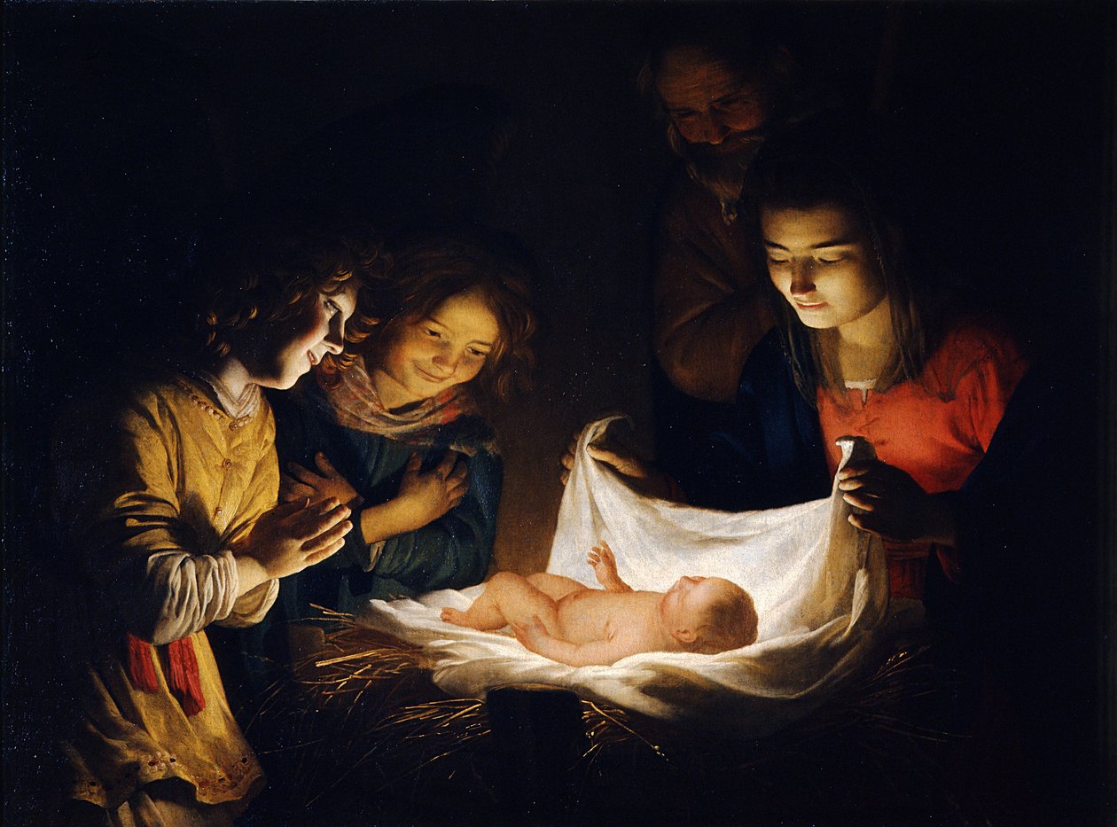 Tillbedjan av Kristusbarnet, ca. 1620 av Gerrit van Honthorst