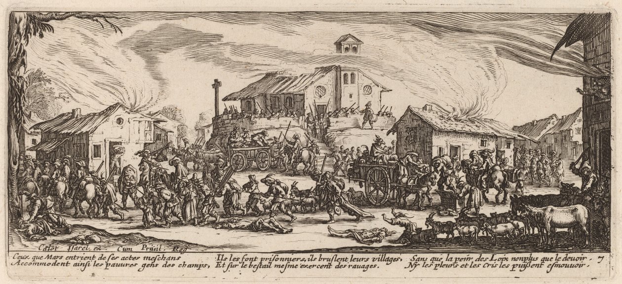 Plundra och bränna en by av Gerrit van Schagen after Jacques Callot
