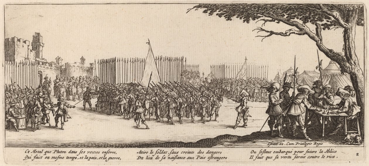 Rekrytering av trupper av Gerrit van Schagen after Jacques Callot
