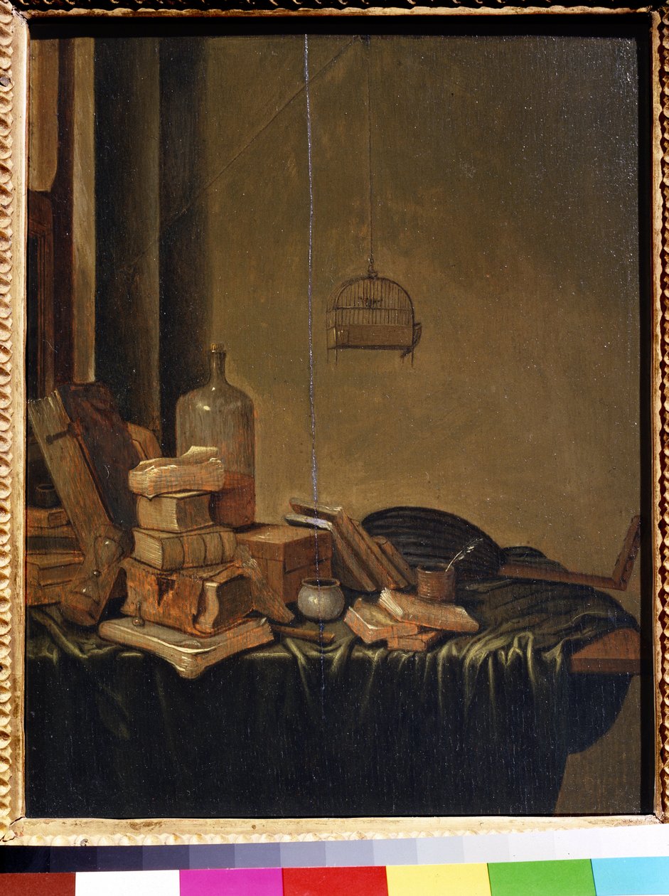 Stilleben med böcker. Målning av Gerrit van Vucht (1600 eller 1620- ca 1697). Olja på trä, 34 x 28 cm. Holländsk skola från 1600-talet. Pushkin Museum of Fine Arts, Moskva. av Gerrit van Vucht