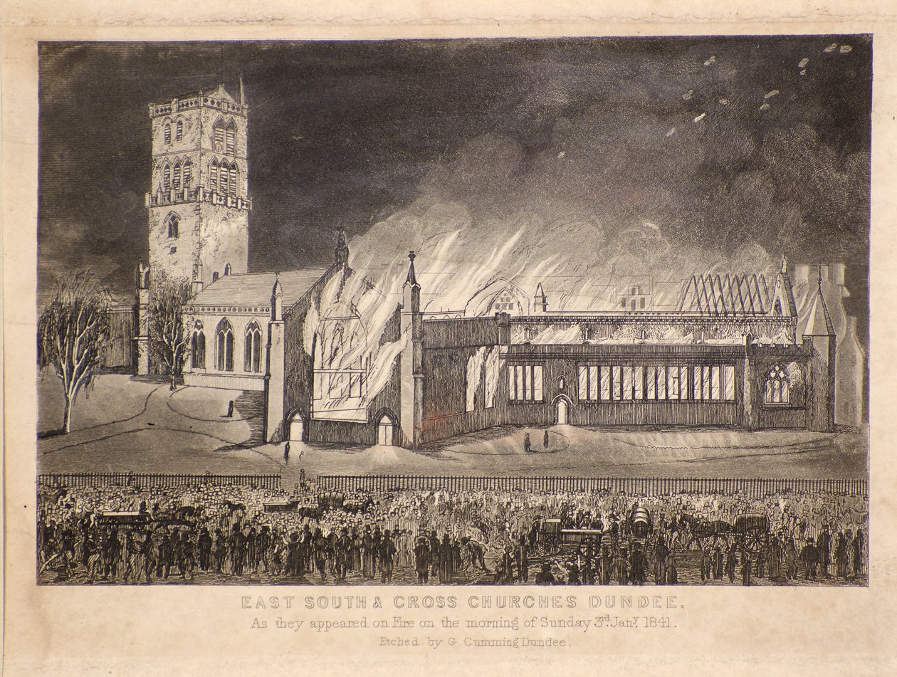 East, South & Cross Churches, Dundee, som de dök upp i brand söndagen den 3 januari 1841, ca 1841 (etsning) av Gershom Gourlay Cumming