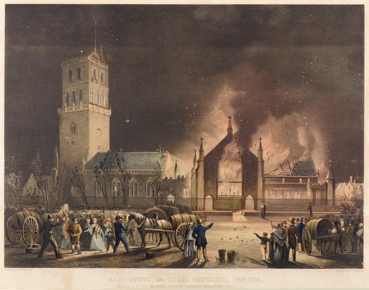 East, South och Cross Churches, Dundee, som de dök upp i brand söndagen den 3 januari 1841, ca 1841 (litografi) av Gershom Gourlay Cumming