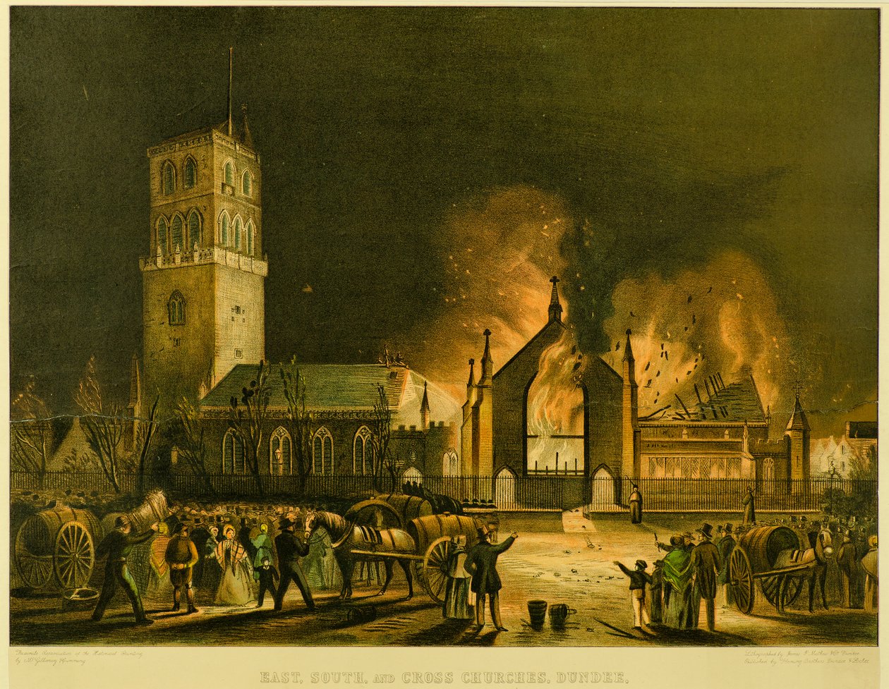 East, South and Cross Churches, Dundee [som de dök upp i brand på morgonen söndagen den 3 januari 1841] (efter George McGillivray), c.1841 (litografi) av Gershom Gourlay Cumming