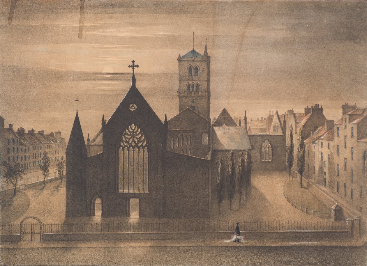 Moonlight View of East and Cross Churches, Dundee som de såg ut efter eldsvådan den 3 januari, c.1841 (litografi) av Gershom Gourlay Cumming