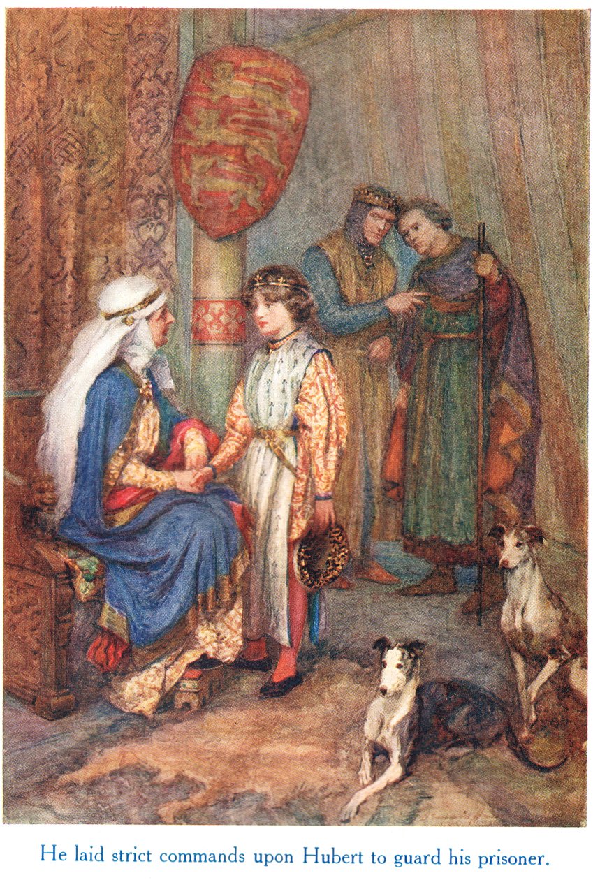 "Han lade stränga befallningar på Hubert att vakta sin fånge", illustration från "Shakespeares berättelser om de engelska kungarna", publicerad av George Harrap & Son av Gertrude E. Demain Hammond