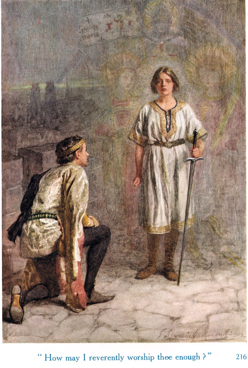 "Hur kan jag vördnadsfullt dyrka dig nog?", illustration från "Shakespeares berättelser om de engelska kungarna", publicerad av George Harrap & Son av Gertrude E. Demain Hammond
