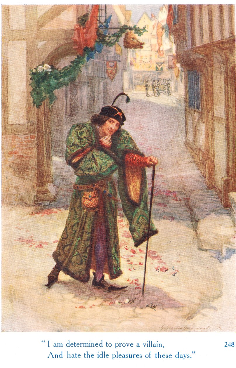 "Jag är fast besluten att bevisa en skurk och hatar dessa dagars lediga nöjen", illustration från "Shakespeares berättelser om de engelska kungarna", publicerad av George Harrap & Son av Gertrude E. Demain Hammond