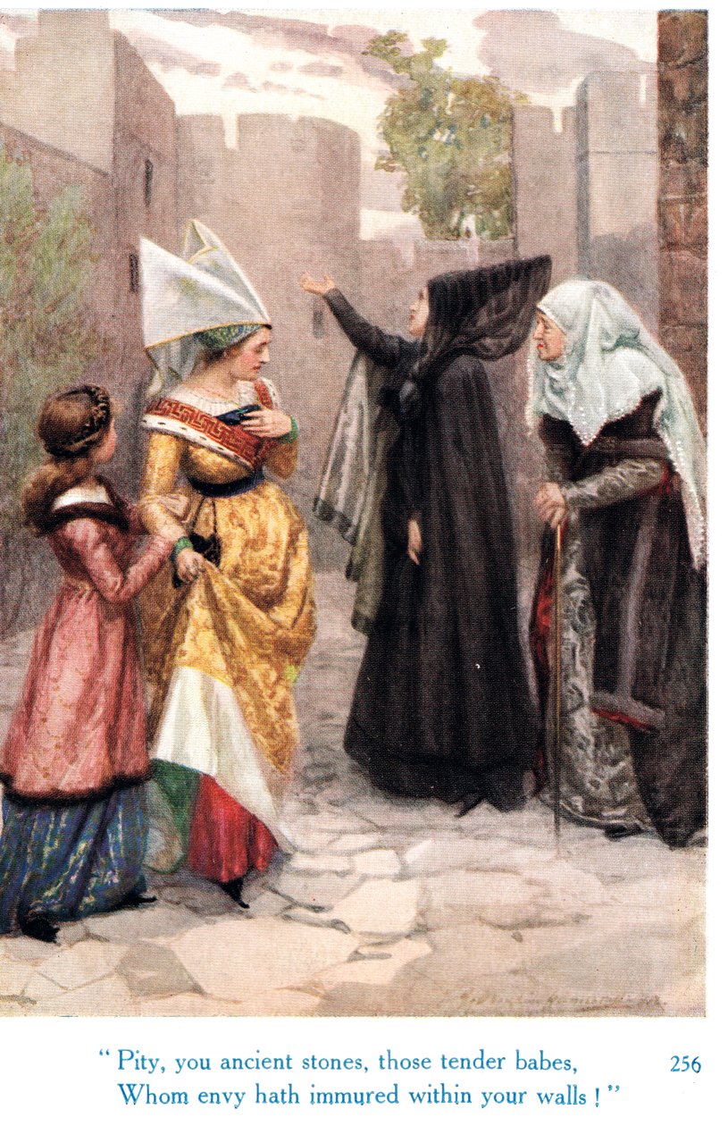 "Tycke, ni gamla stenar, dessa ömma brudar, som avundsjuka har smyglat inom era väggar!", illustration från "Shakespeares berättelser om de engelska kungarna", utgiven av George Harrap & Son av Gertrude E. Demain Hammond