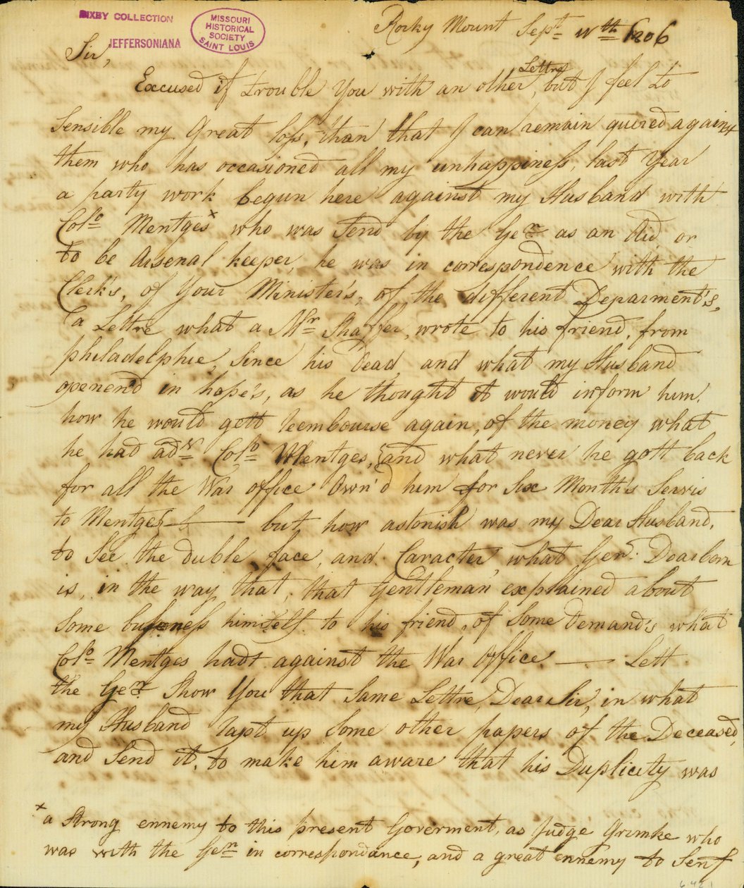 Letter signed Gertrude Joan Senf, Rocky Mount, to Thomas Jefferson, September 11, 1806 av Gertrude Joan Senf
