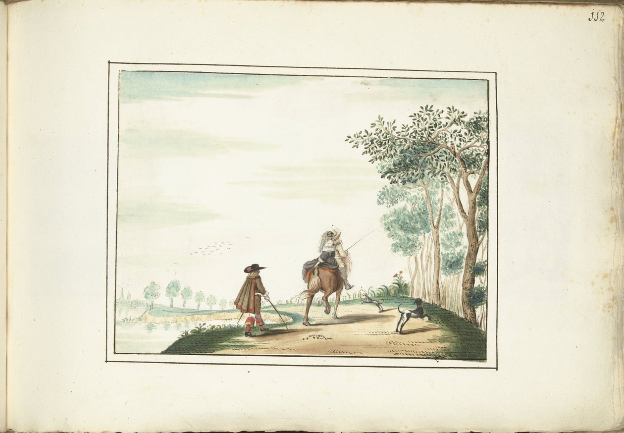 Herre och dam till häst och en fotgängare i ett landskap av Gesina ter Borch (signed by artist)
