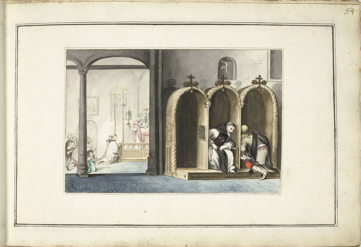 Kyrkans inre med biktstol av Gesina ter Borch (signed by artist)