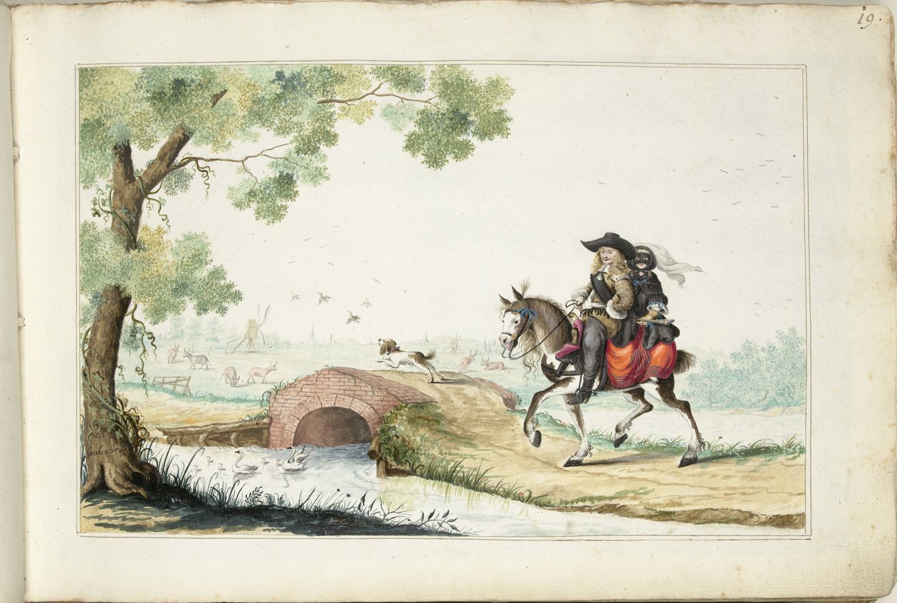 Man och maskerad kvinna till häst av Gesina ter Borch (signed by artist)