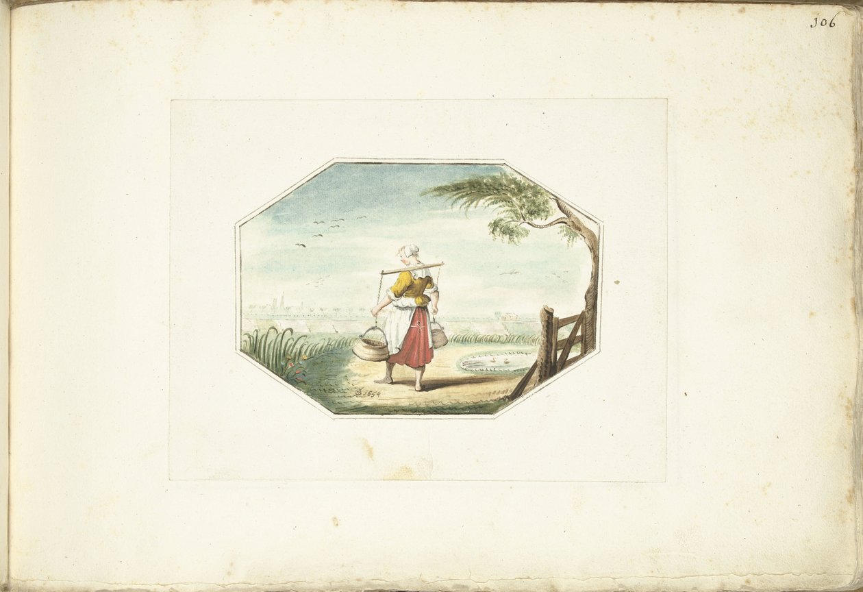 Milkmaid med hinkar i ett landskap av Gesina ter Borch (signed by artist)