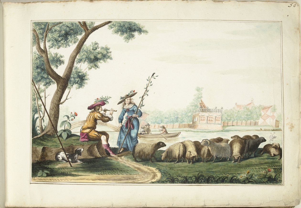 Pastoral föreställning vid en flod av Gesina ter Borch (signed by artist)