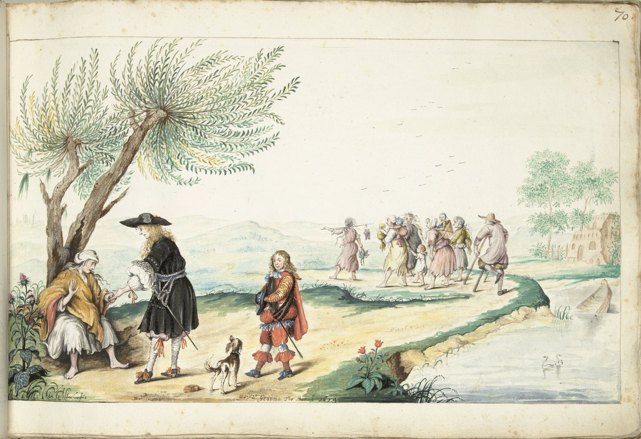 Romsk kvinna läser en gentlemans hand (Moses?) av Gesina ter Borch (signed by artist)