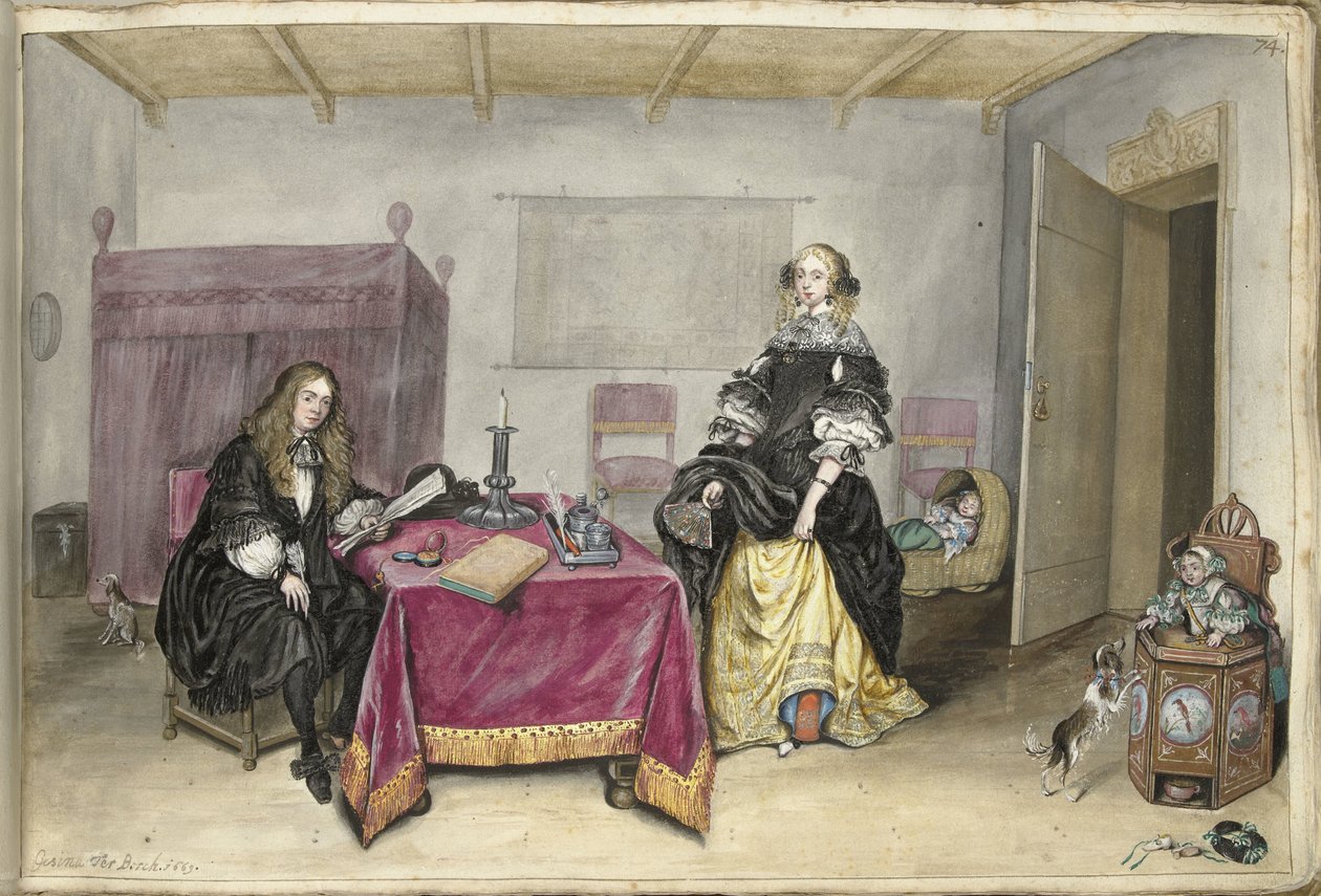 Sijbrant Schellinger och Jenneken ter Borch med två barn i en interiör av Gesina ter Borch (signed by artist)