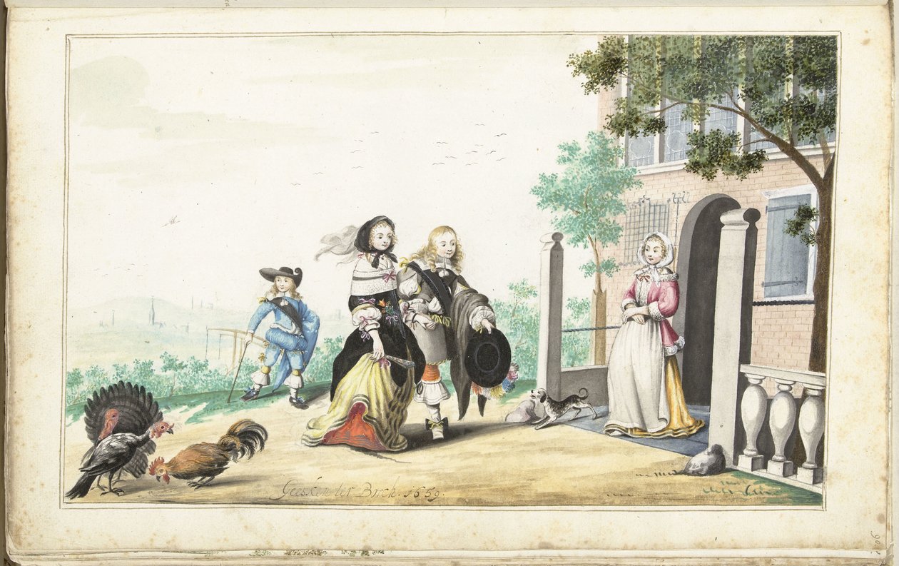 Par hälsar en dam vid dörren till ett hus på landet av Gesina ter Borch (signed by artist)