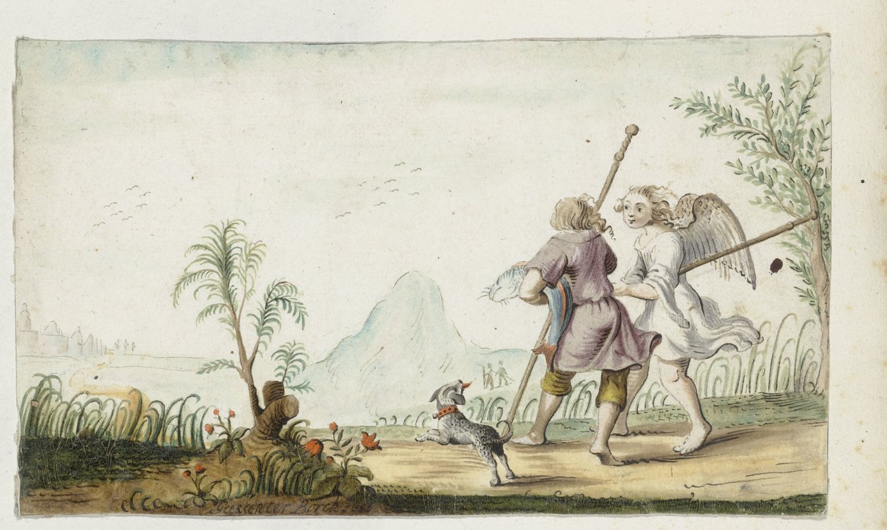 Tobias en de engel av Gesina ter Borch (signed by artist)