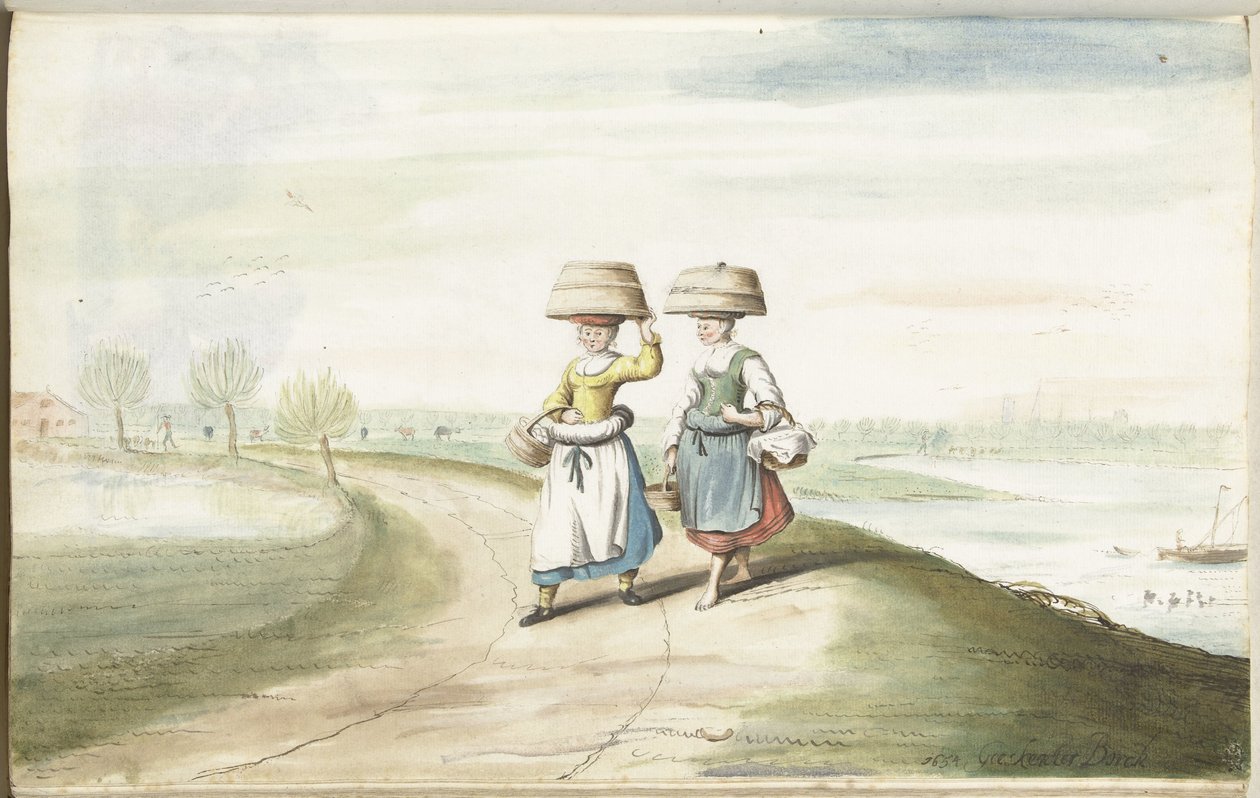 Två bondkvinnor som går i ett landskap av Gesina ter Borch (signed by artist)