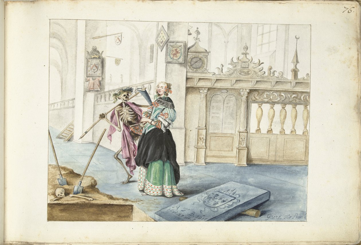 Kvinna (Aeltien?) som står bredvid Döden i St. Mikaelskyrkan, Zwolle av Gesina ter Borch (signed by artist)