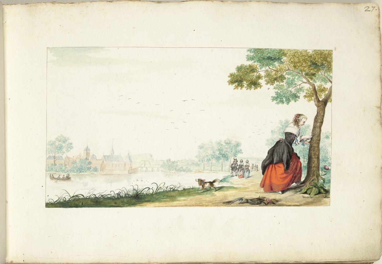 Kvinna som skriver namn på ett träd av Gesina ter Borch (signed by artist)