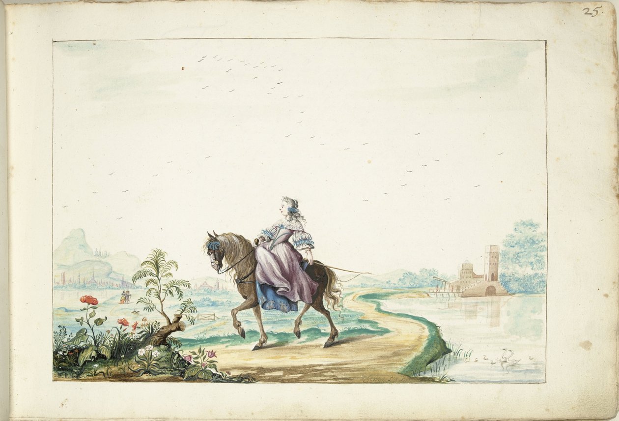 Kvinna till häst i ett landskap av Gesina ter Borch (signed by artist)