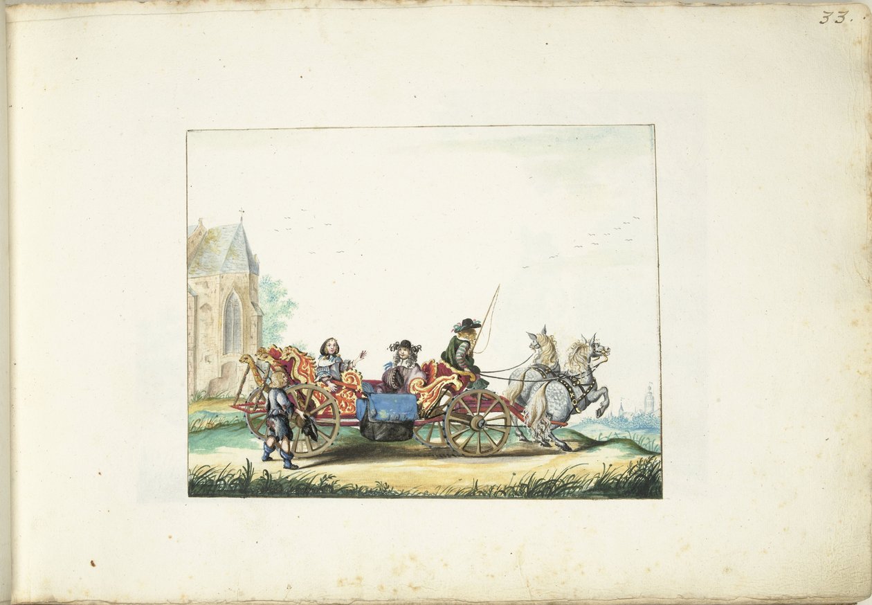 Liten pojke som tigger vid vagnen av ett elegant par av Gesina ter Borch