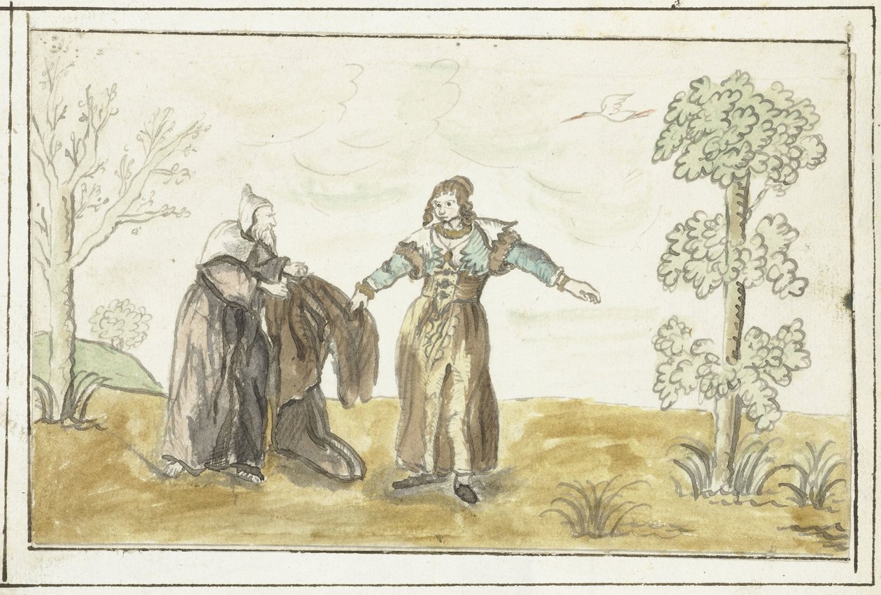 Eremit ger en dam sin mantel av Gesina ter Borch