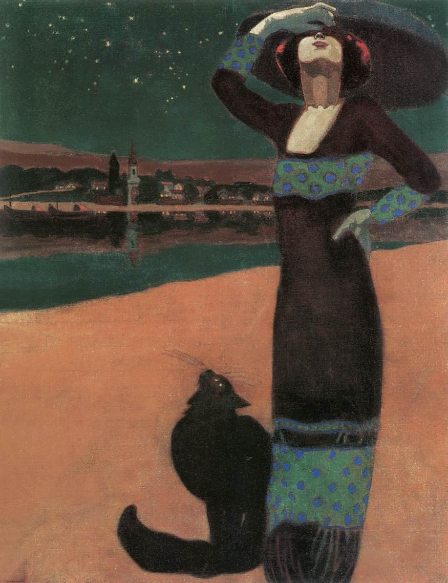 Slim Woman with a Cat av Geza Farago