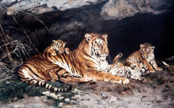 En tiger och hennes unga av Geza Vastagh