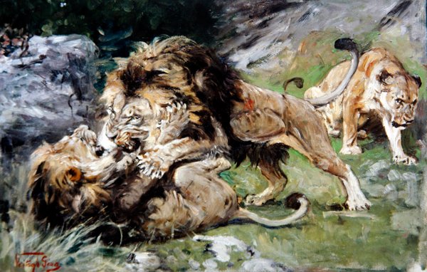 Barbariska lejon som slåss, ca 1890 (olja på duk) av Geza Vastagh