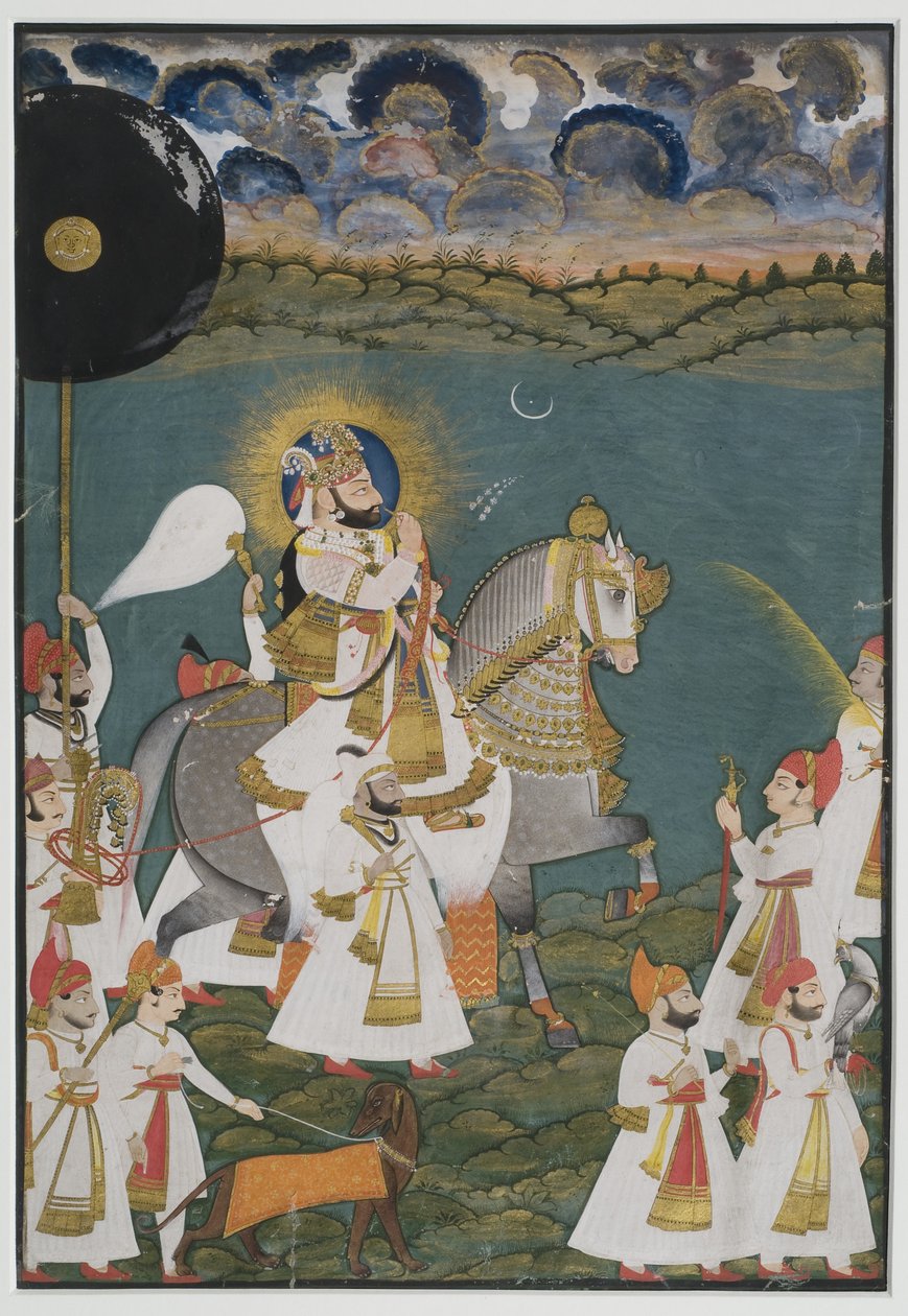 Porträtt av Maharana Bhim Singh av Udaipur (1778-1828) till häst tillsammans med skötare, 1820 (gouache på papper, berört med guld) av Ghasi Ghasi