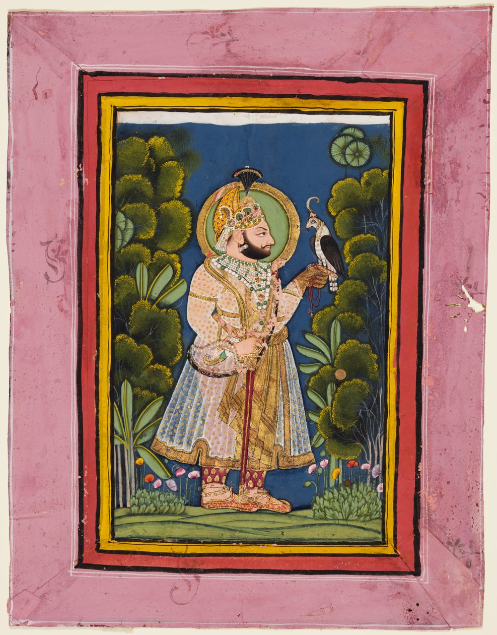 Maharana Jawan Singh r. 1828-38 i en skog med hök, ca. 1835. av Ghasi