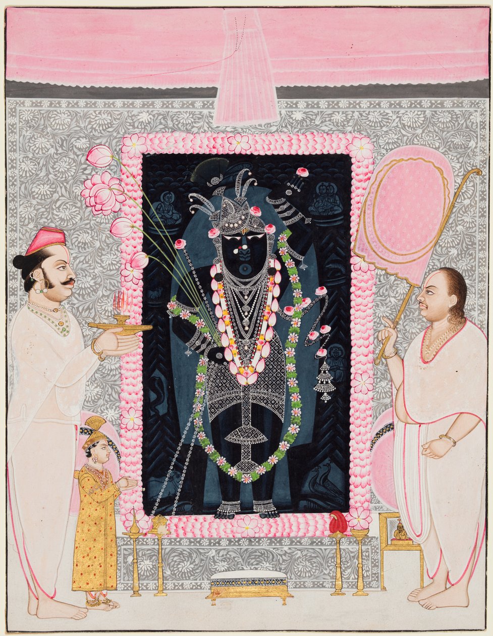 Överprästen Tilakayat Govardhanlalji MKS erbjudanden till Shri Nathji i firande..., s. 1890 av Ghasiram Hardev Sharma