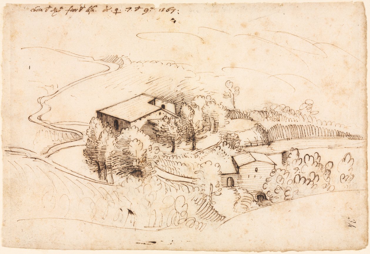 Gård med träd i ett kuperat landskap recto, 1567. av Gherado Cibo