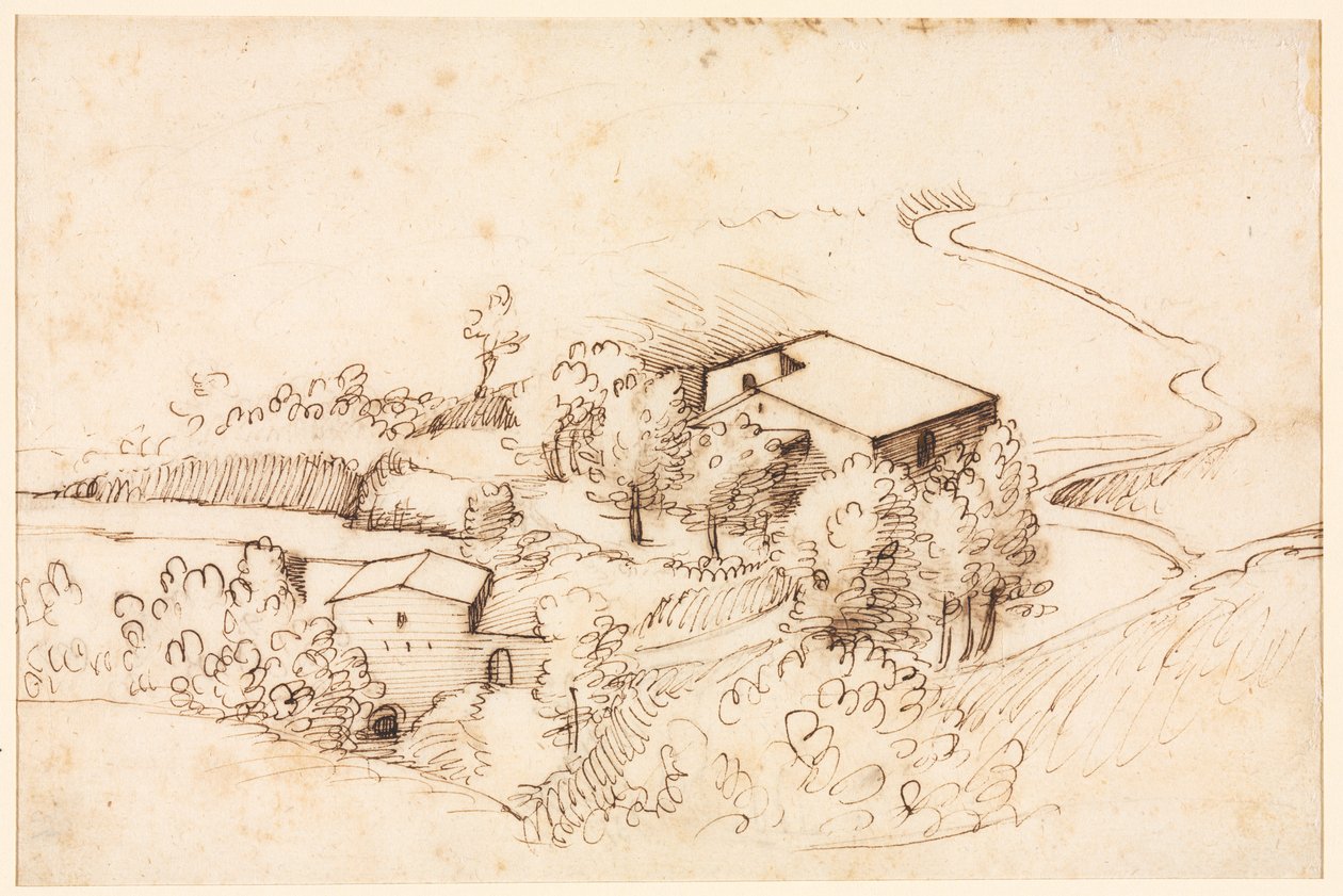 Gård med träd i ett kuperat landskap, 1567. av Gherardo Cibo