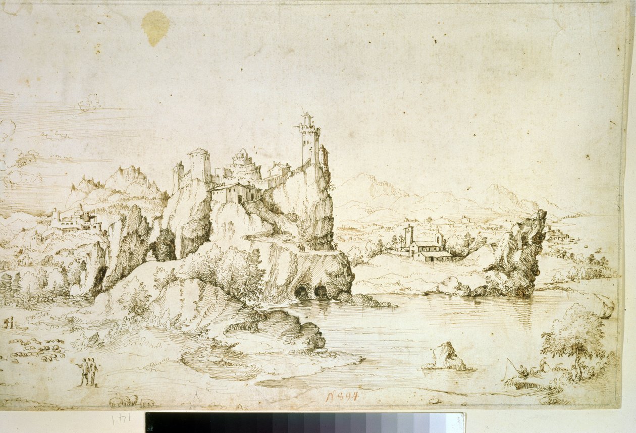 ""A Castle on a Rock in Mountainscape" (A Castle on a Rock in Mountainscape) Brunt tuschteckning av Gherardo Cibo (1512-1600) 1540 Pushkin Museum, Moskva av Gherardo Cibo